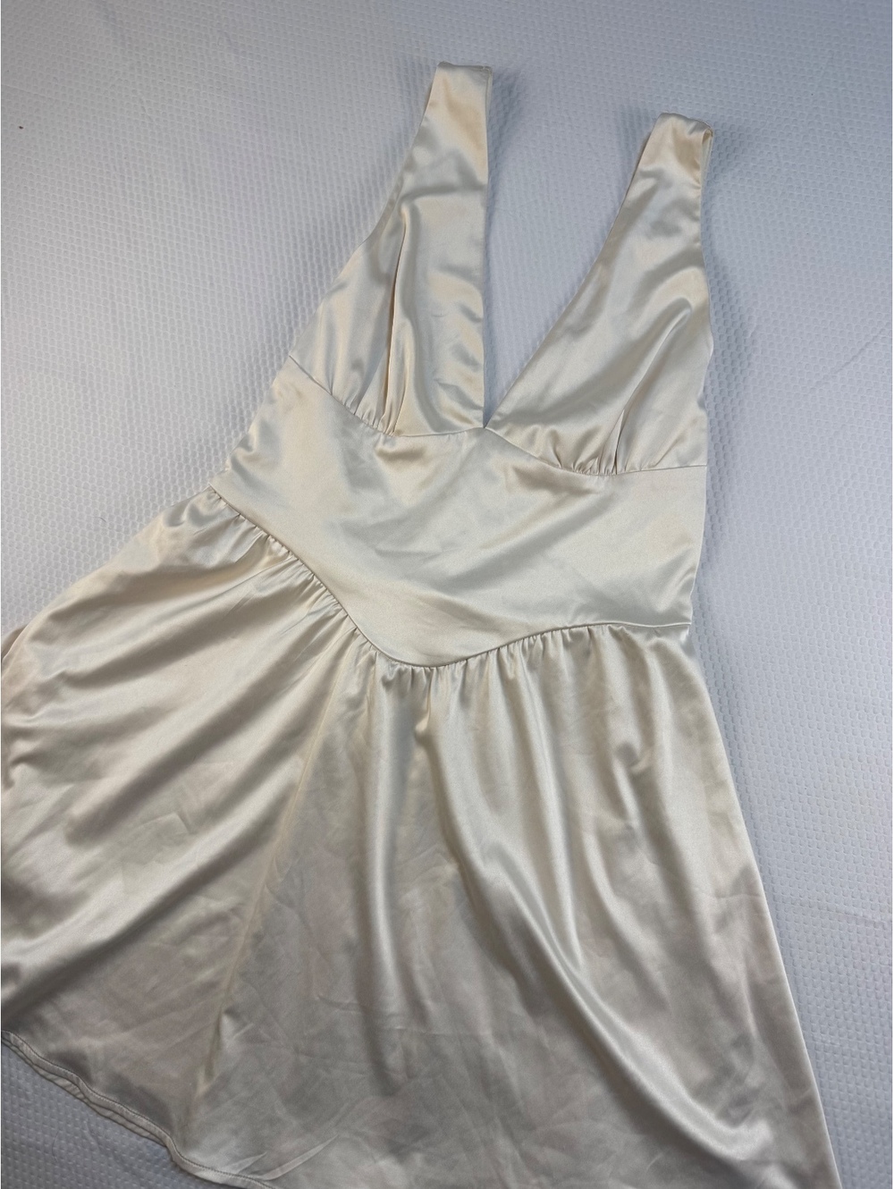 Women's Medium Ivory Satin Mini Dress Deep V Tie Back Fit Flare Coquette Bridal